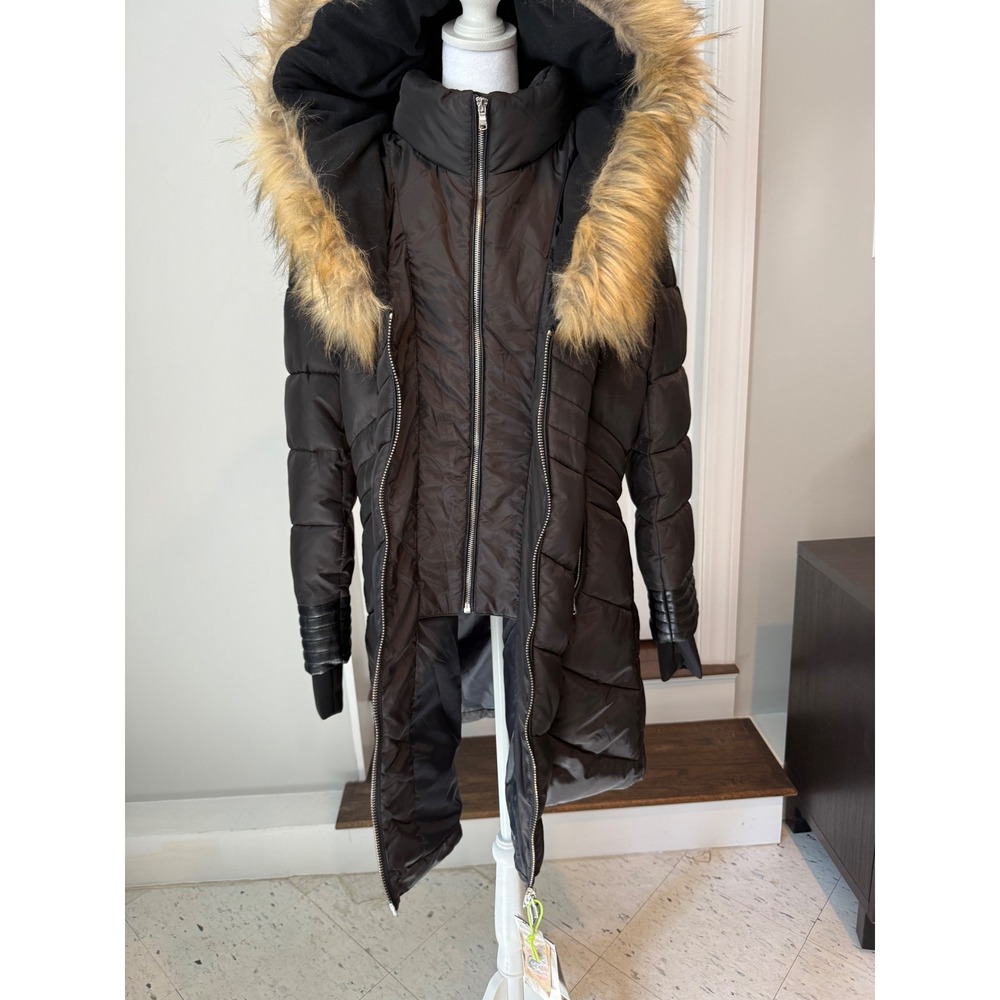Celsius Womens Black Puffer Parka Faux Fur Hood Double Zip Jacket 1XL NEW nwt - Picture 6 of 15